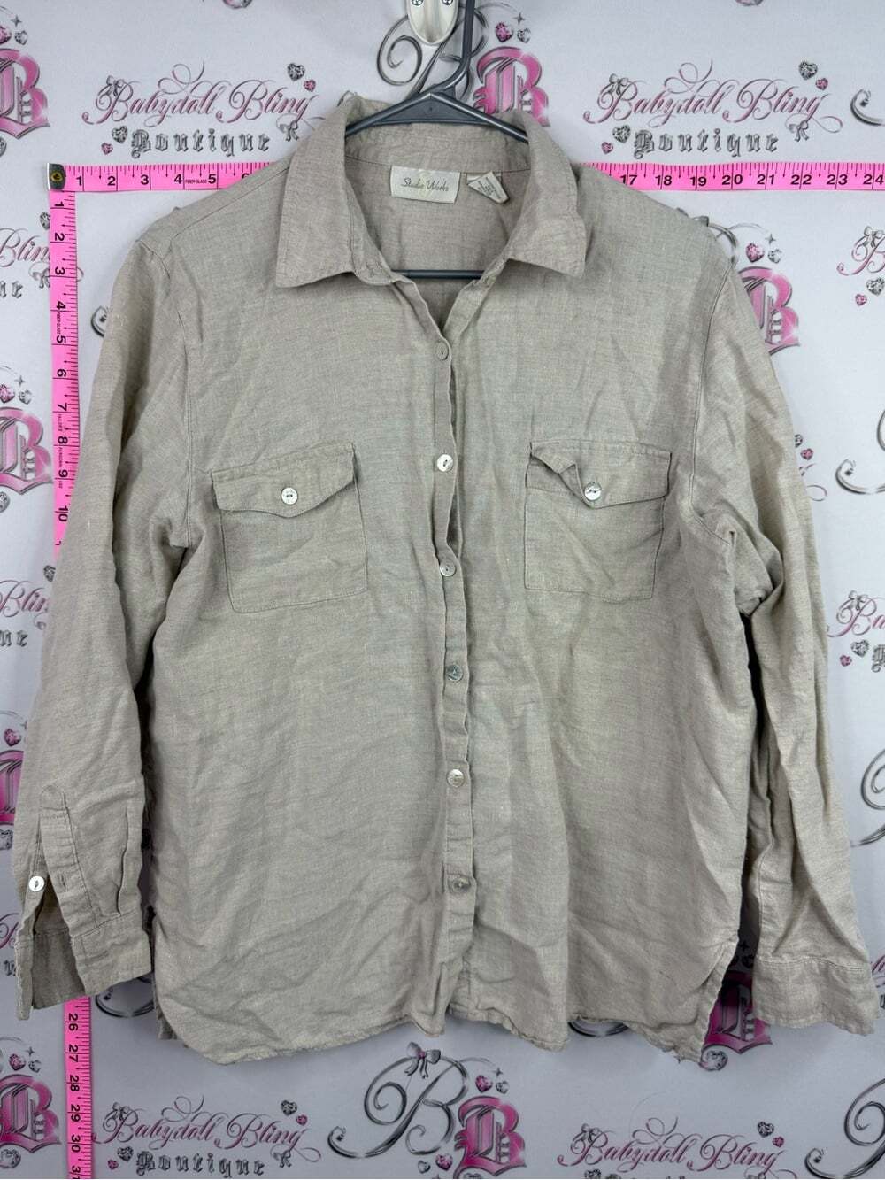 Studio Works linen shirt blouse button up Beige Long Sleeve seashell 🐚 buttons